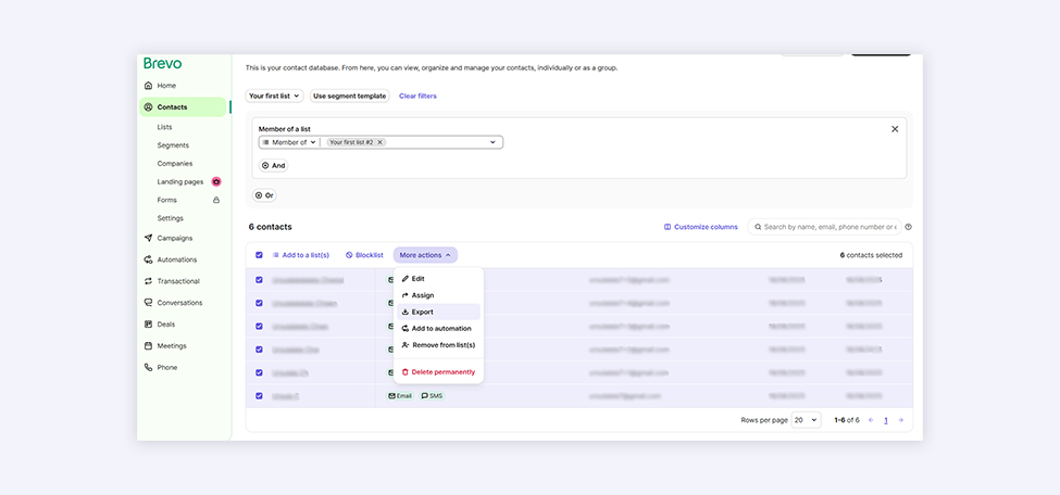 Screenshot from the Brevo interface of how to export contacts