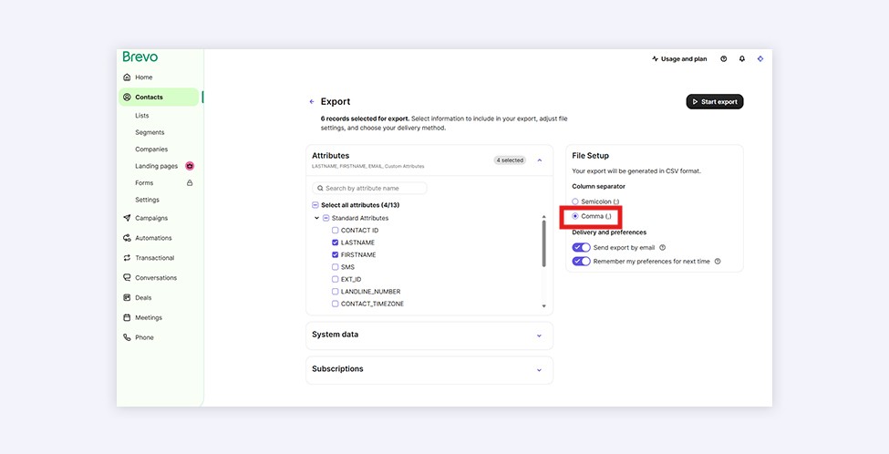 Screenshot of the Brevo interface of how to export contacts