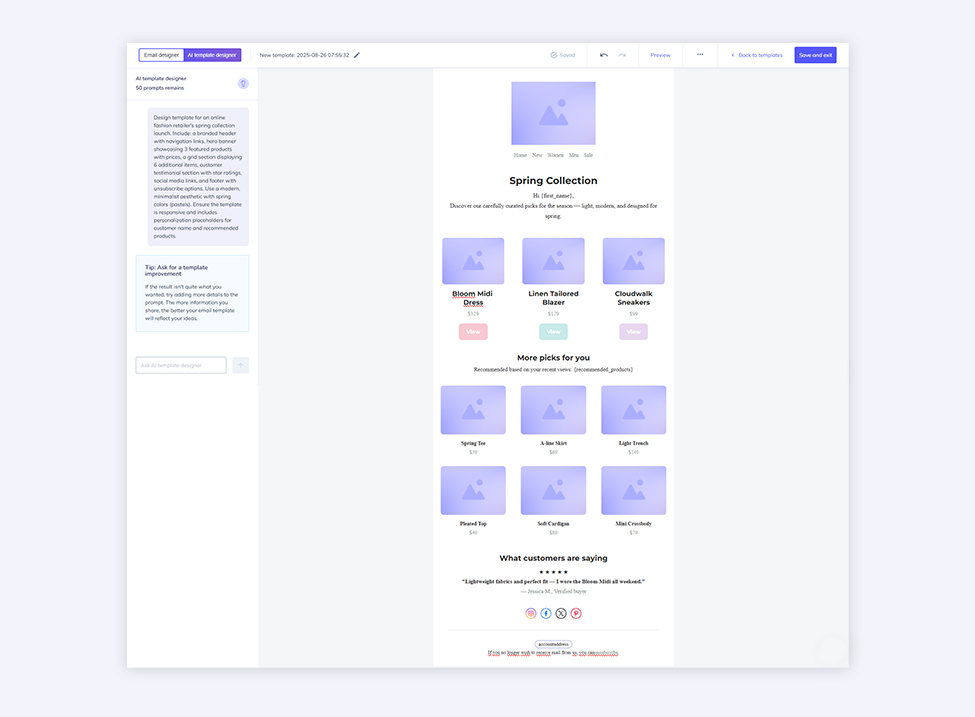 Screenshot from the Elastic Email app - AI Template Designer