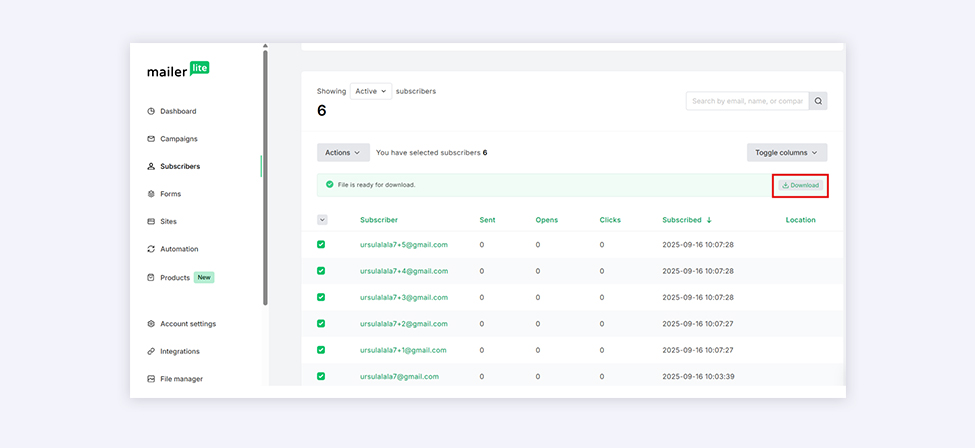 Screenshot from the MailerLite interface - contacts export download