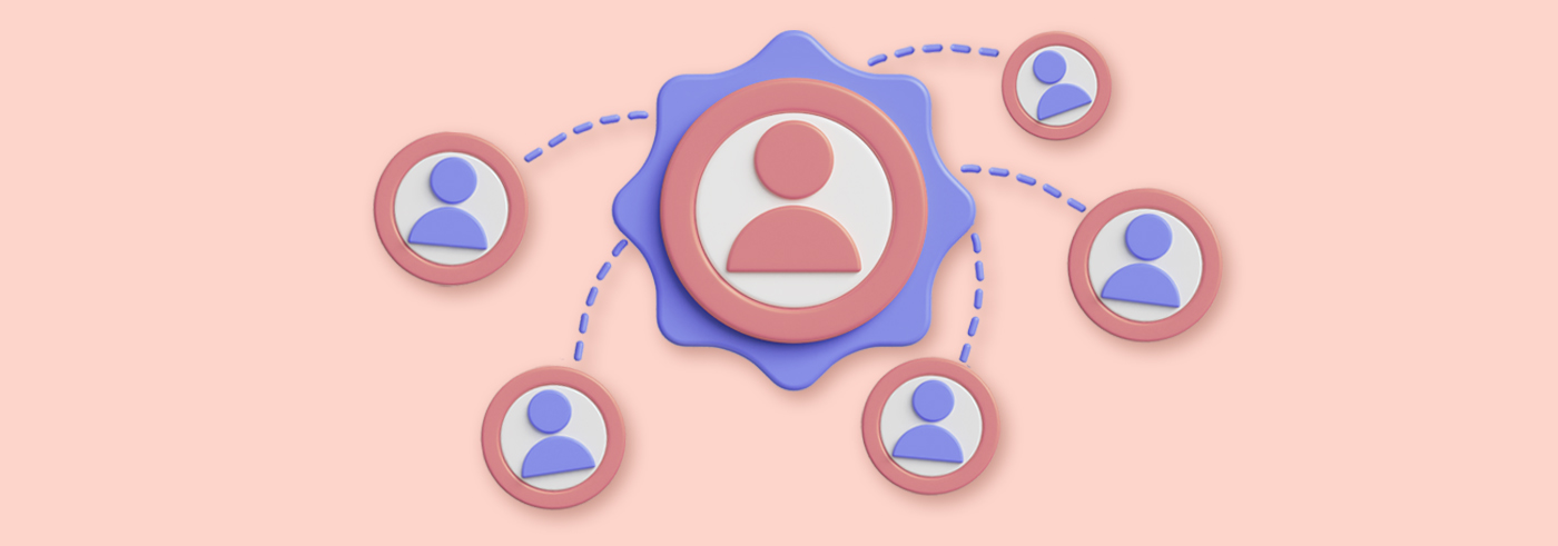 Illustration of a central user icon connected to multiple smaller user icons, symbolizing user accounts and subaccounts, with no logo or branding included..