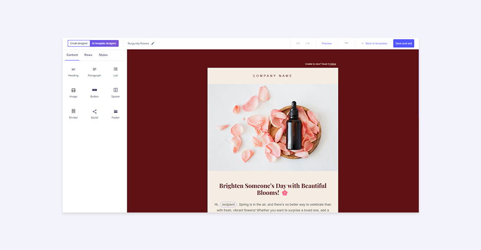 The screenshot from the Elastic Email email designer interface