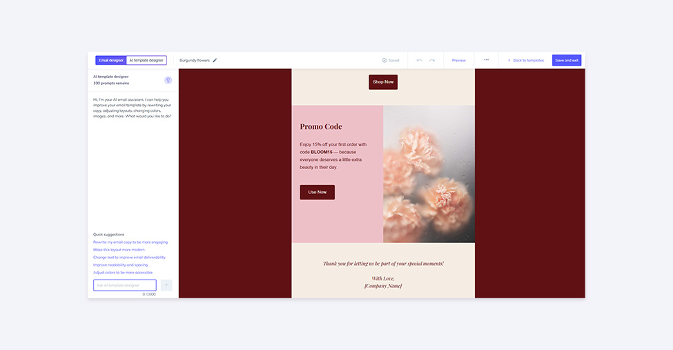 The screenshot from the Elastic Email AI template designer interface