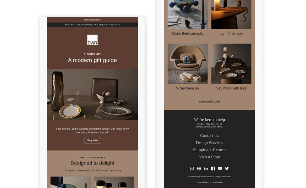 A screenshot of an email presenting a gift guide