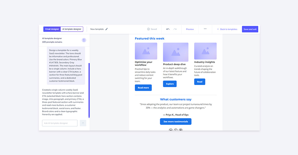 The screenshot from the Elastic Email AI template designer interface