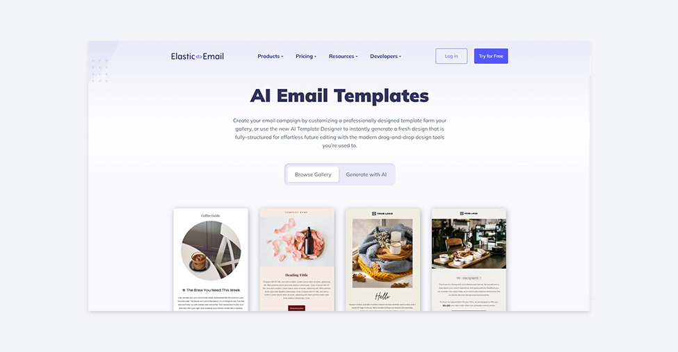 The screenshot of the Elastic Email AI Email Templates webpage