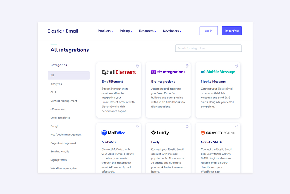 A screenshot of the Integrations Elastic Email page