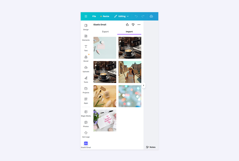 A screenshot from Canva presenting an image import from Elastic Email