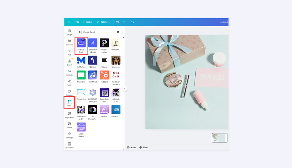 A screenshot from Canva presenting the Elastic Email app choice in Apps