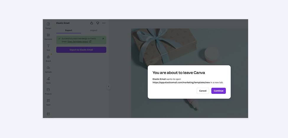 A screenshot from Canva presenting a redirection to the Elastic Email account