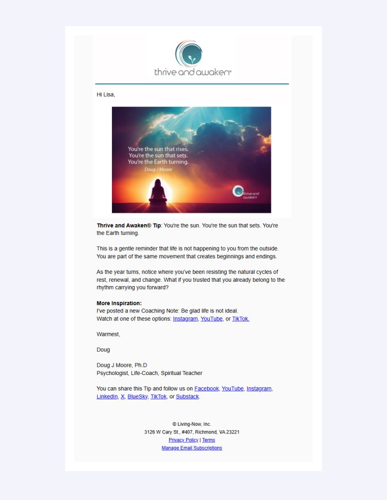 Screenshot of an email sent by Thrive and Awaken