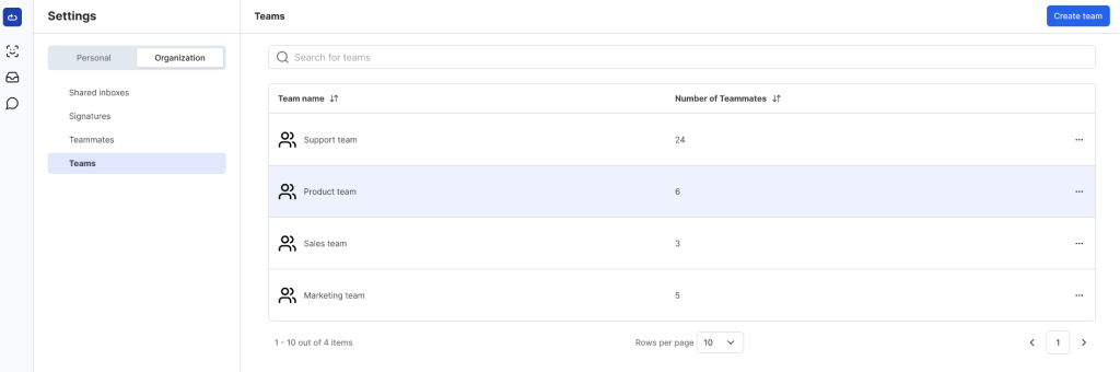 Screenshot from the Inbox Settings showing all teams and number of teammates