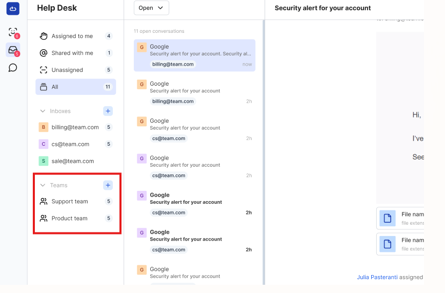 Screenshot from the Help Desk Inbox showing the Teams section