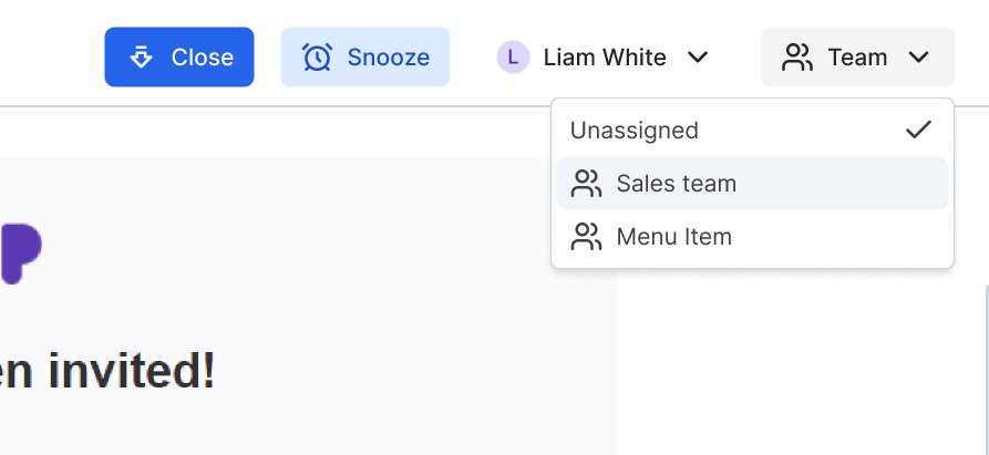 The screenshot from Inbox dashboard showing a dropdown menu to assign a conversation to a particular team