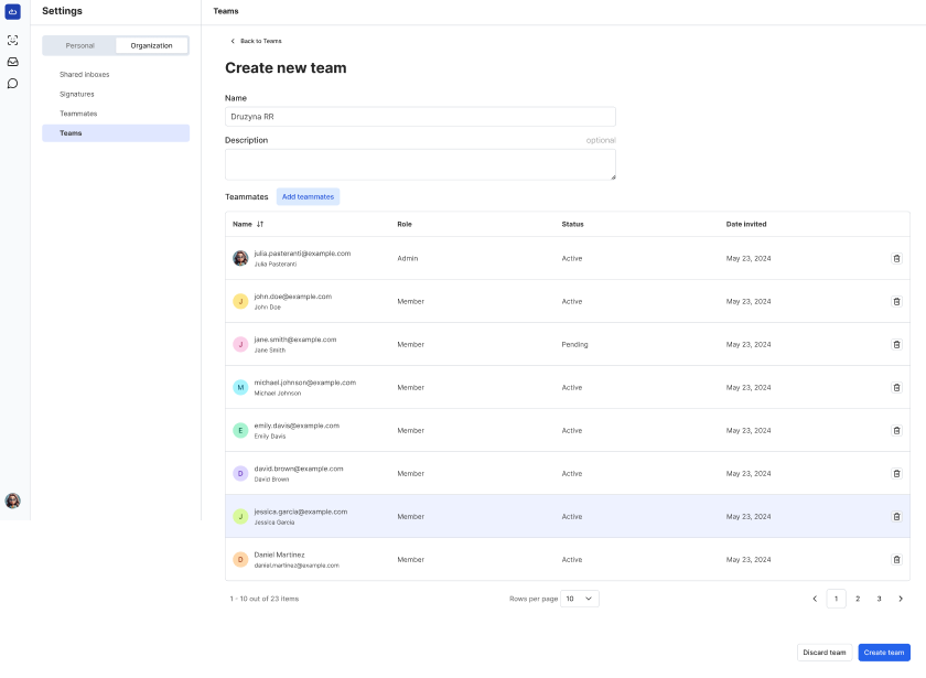 Screenshot from the Inbox Teams Settings showing all teammates, their statuses and roles