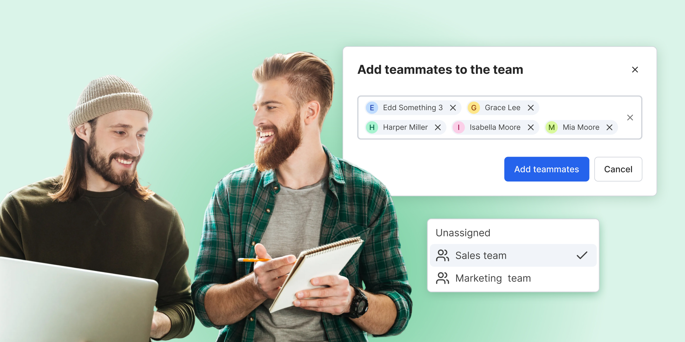 The main image presenting two people and fragments of the Inbox Teams interface