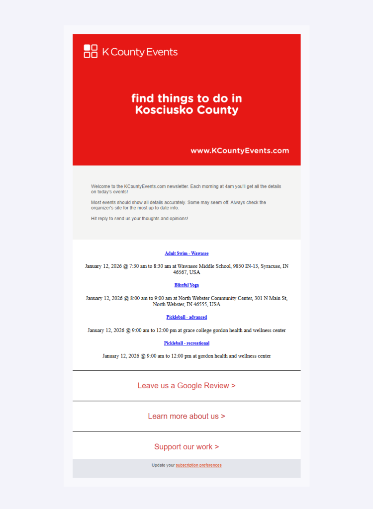 Screenshot of the K County Events newsletter