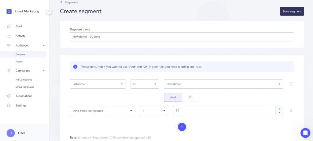 Screenshot of the Elastic Email interface - segment rules for email personalization