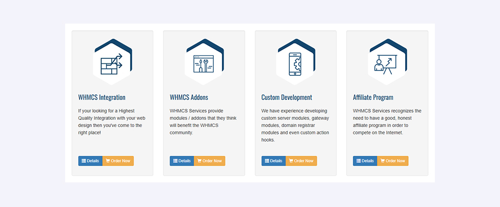 Screenshot presenting the WHMCS offer - integration, addons, custom development, and affiliate program