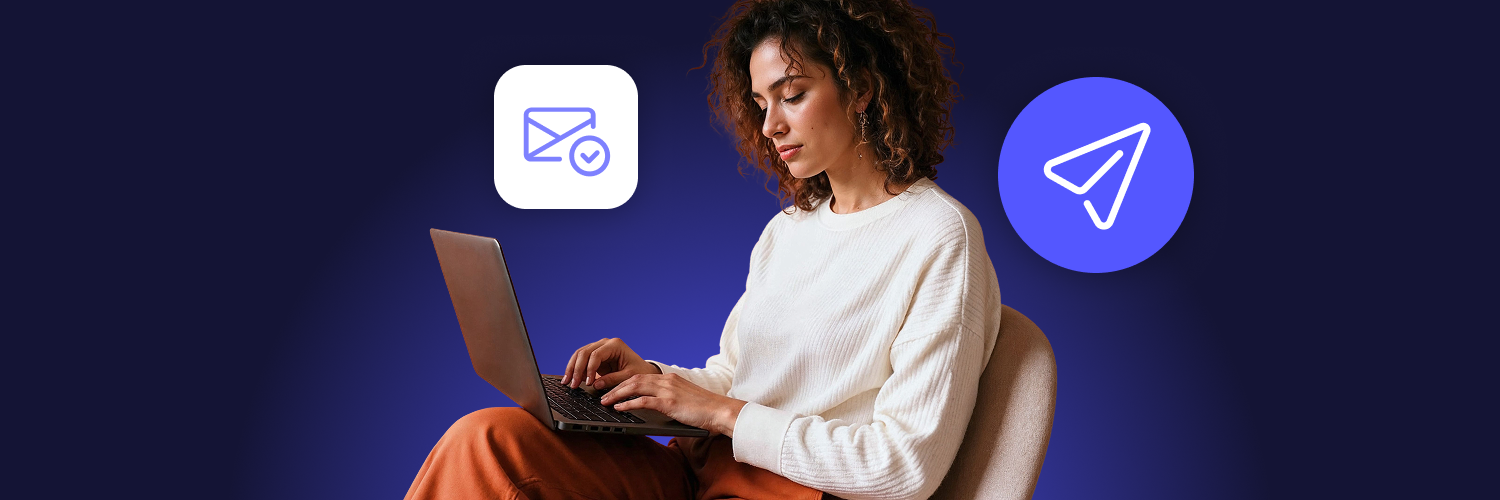 The main image presenting a woman sitting in front of her laptop with email and send icon beside her