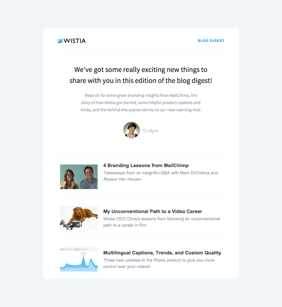 Screenshot of an email template showing blog updates