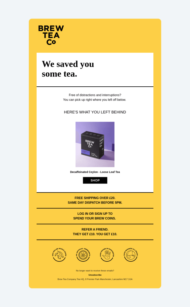 Screenshot of an email template showing cart abandonment