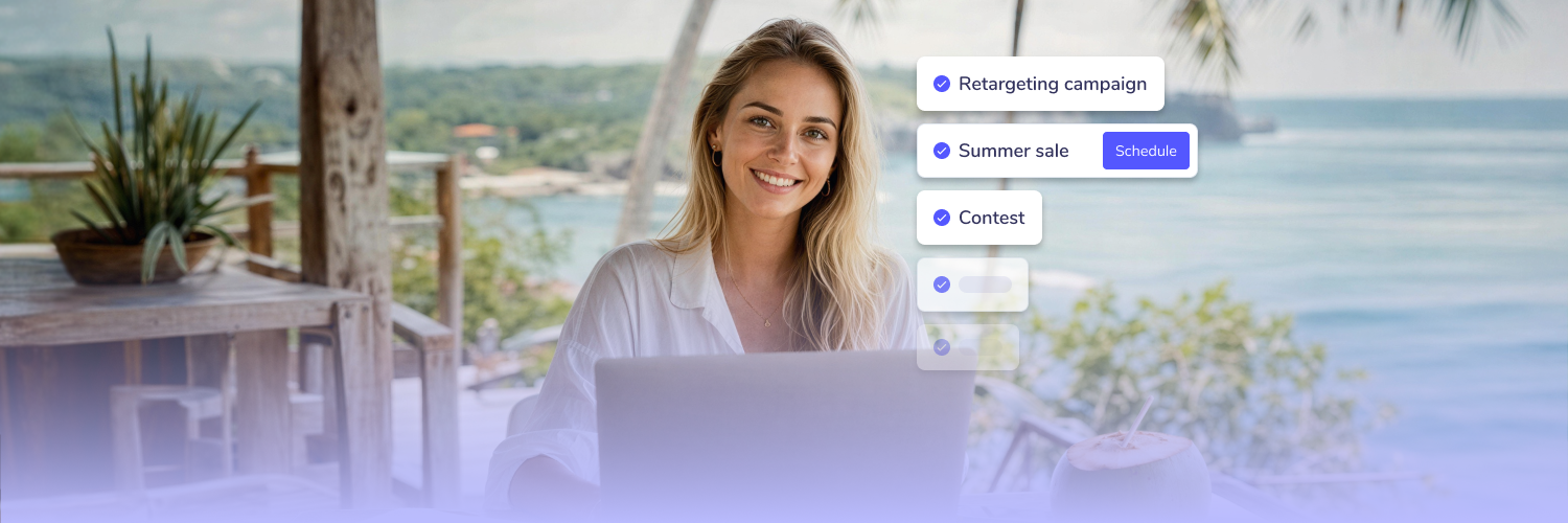 The main image presenting a woman sitting in front of a laptop in a holiday destination