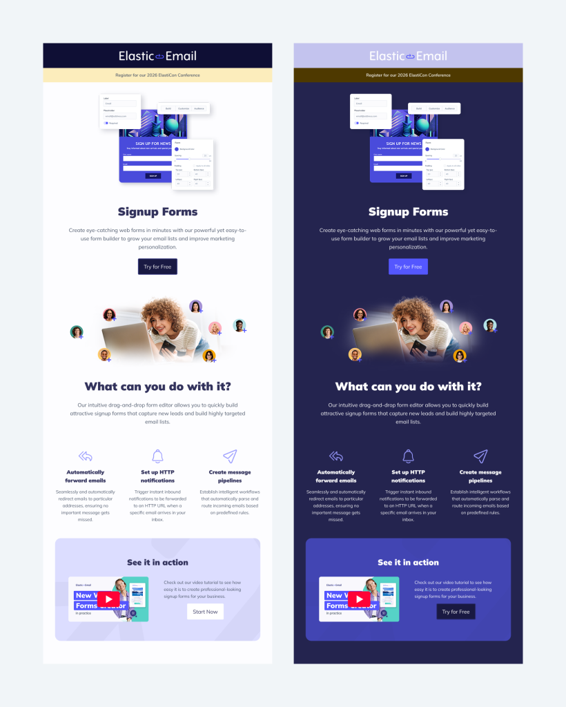 An example of an email template in light mode and partial color change