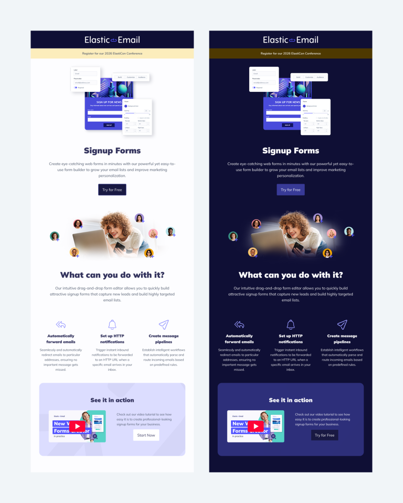 An example of an email template in light mode and full color change