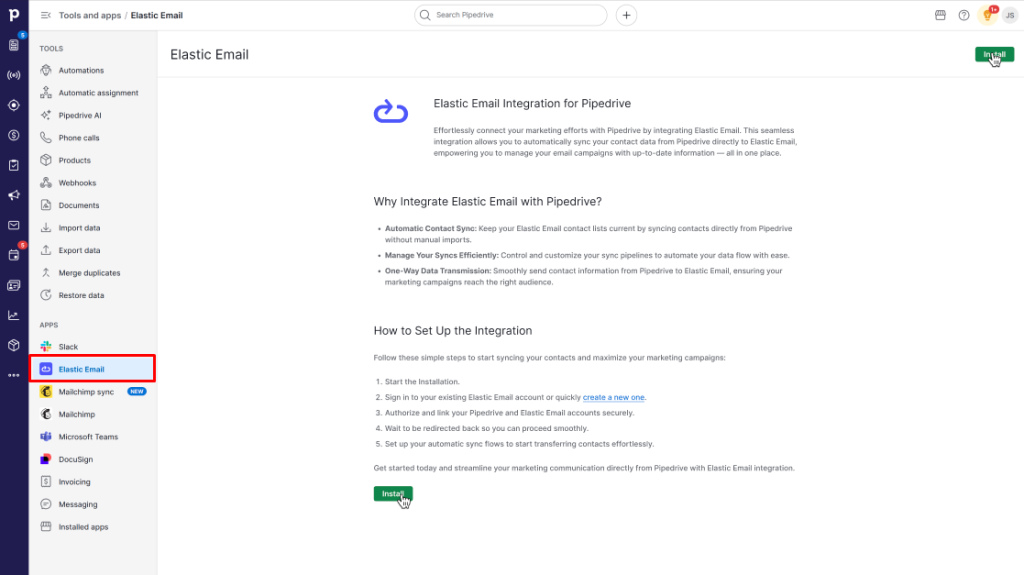 The screenshot from the Pipedrive dashboard for Elastic Email integration settings