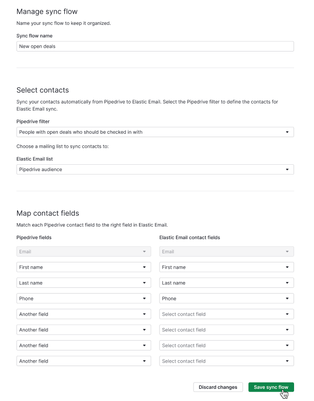 The screenshot from the Pipedrive dashboard for Elastic Email integration settings