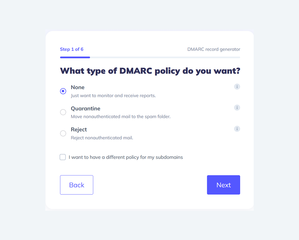 Screenshot of the DMARC Generator with the policy questions needed to generate DMARC