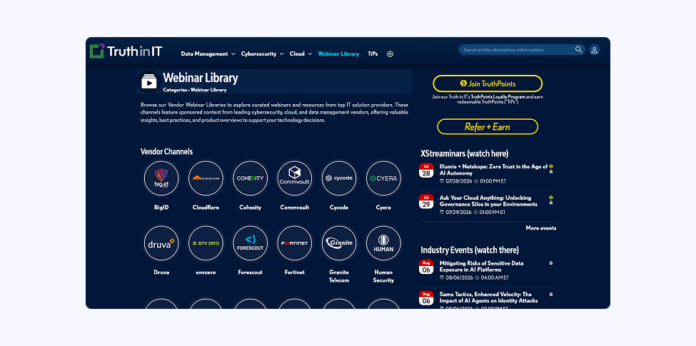 Screenshot of the Truth in IT website with webinars