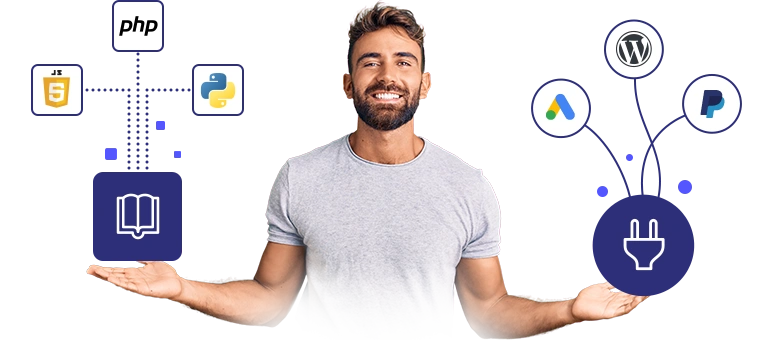 Man with his arms spread wide a book icon in one hand with Javascript, PHP and Python logos, and a plugin icon in the other hand with Google Ads, WordPress and PayPal logos