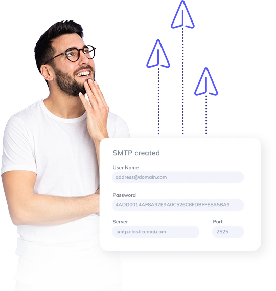  A man looking up with his hand on his chin and an image showing the SMTP settings field and icons of paper airplanes going up from this field