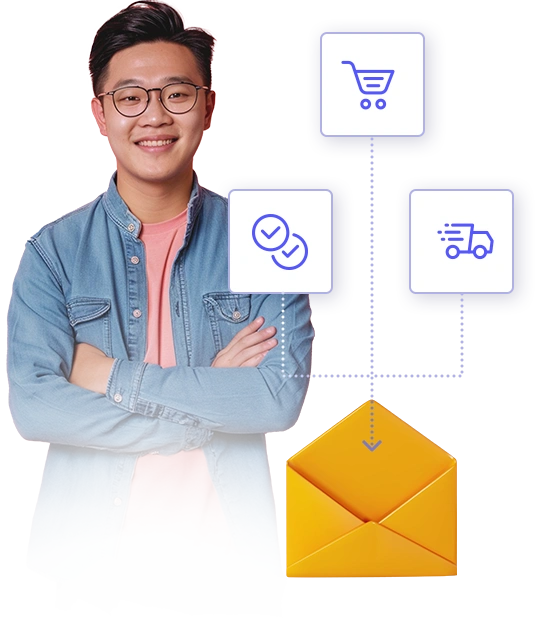 Man and an image representing transactional emails - icons representing shopping cart, and order and delivery confirmation going towards an envelope