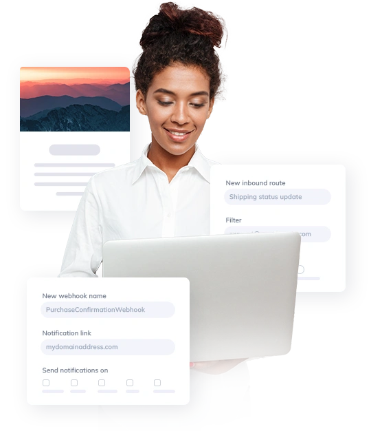 Woman looking at her laptop and images representing elements of the Elastic Email interface around her - email designer, inbound route and webhook settings