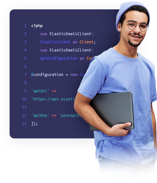 Man holding a laptop in his hand and an image presenting a code sample