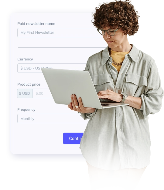 Woman holding a laptop in her hands and an image presenting paid newsletters.