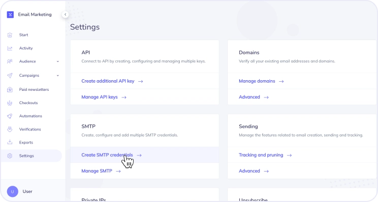 SMTP settings in Elastic Email, with the Create credentials button