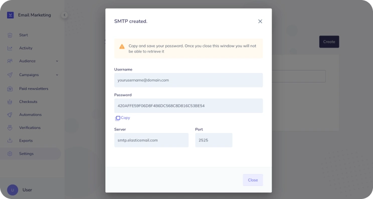 SMTP credentials in Elastic Email, ready to copy